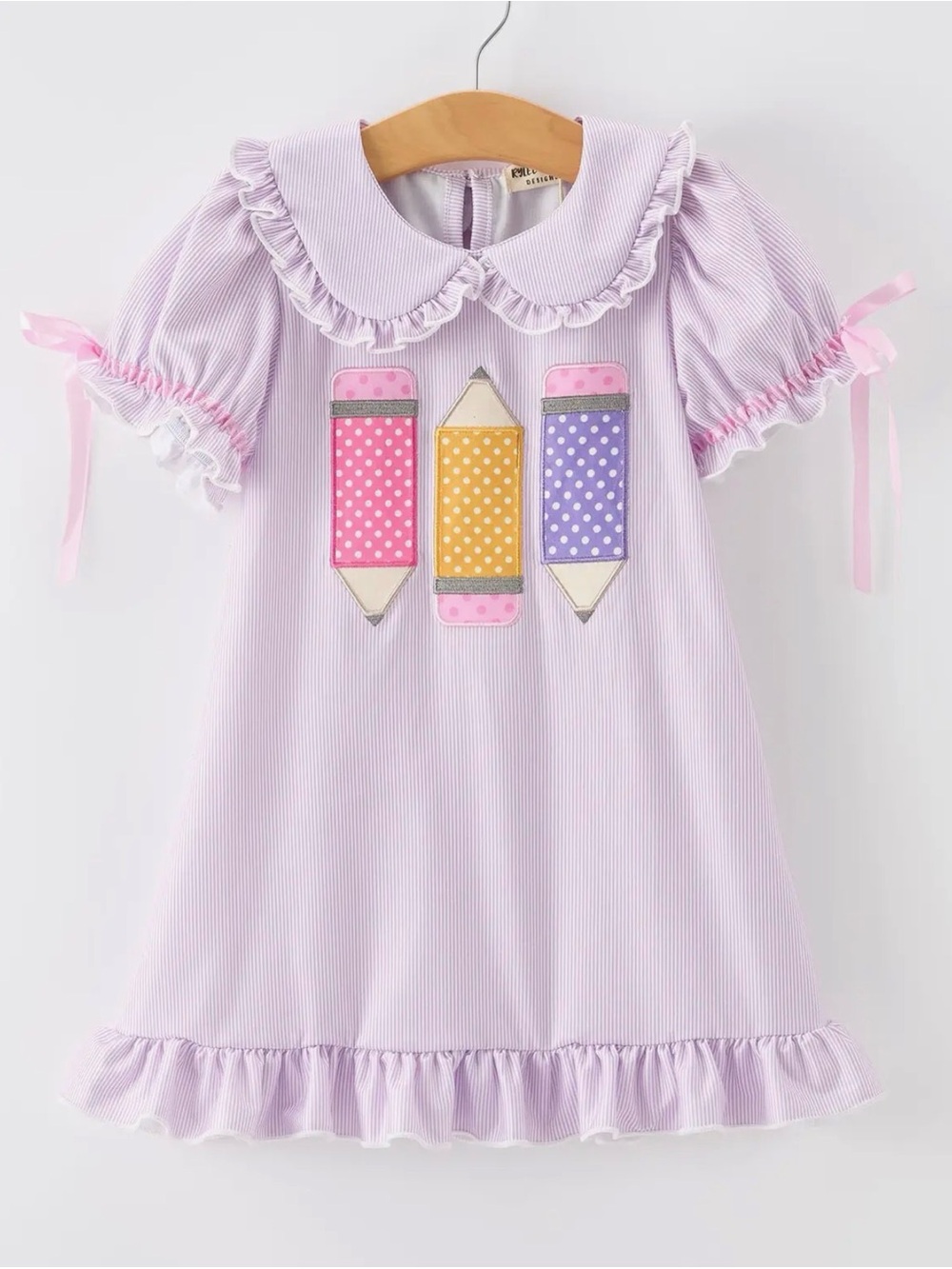 Rylee Faith Back To School Pencil Appliqué Purple Petals Collar Ruffle Dress